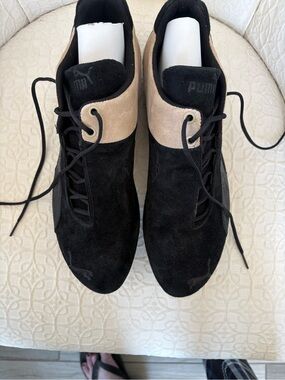 Puma Black Suede Sneakers with Tan Collar